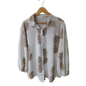 White & Brown Pineapple Print Button-Up Blouse XXL